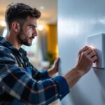 A photograph of a lighting contractor actively installing or adjusting a modern toggle switch timer in a well-lit residential setting