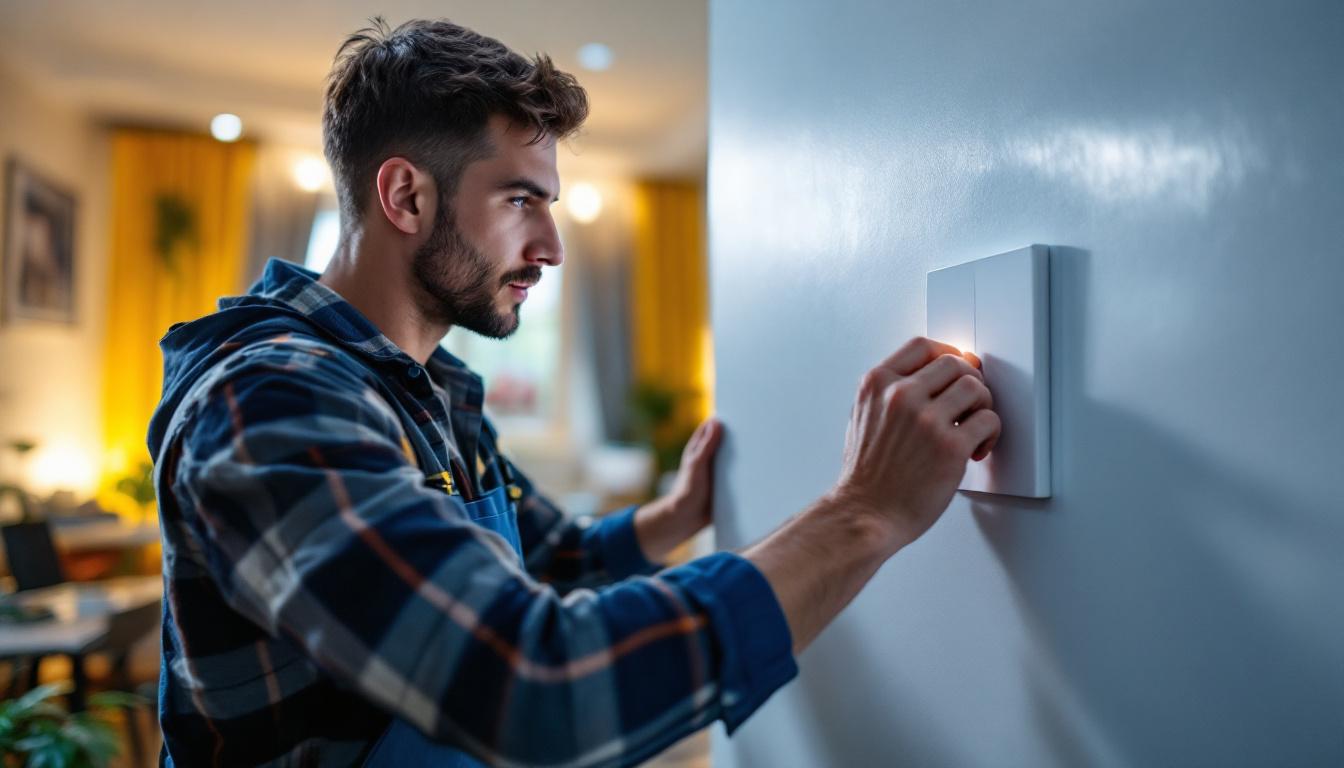 A photograph of a lighting contractor actively installing or adjusting a modern toggle switch timer in a well-lit residential setting