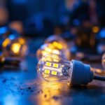 A photograph of a close-up view of two-pin led light bulbs in a well-lit setting
