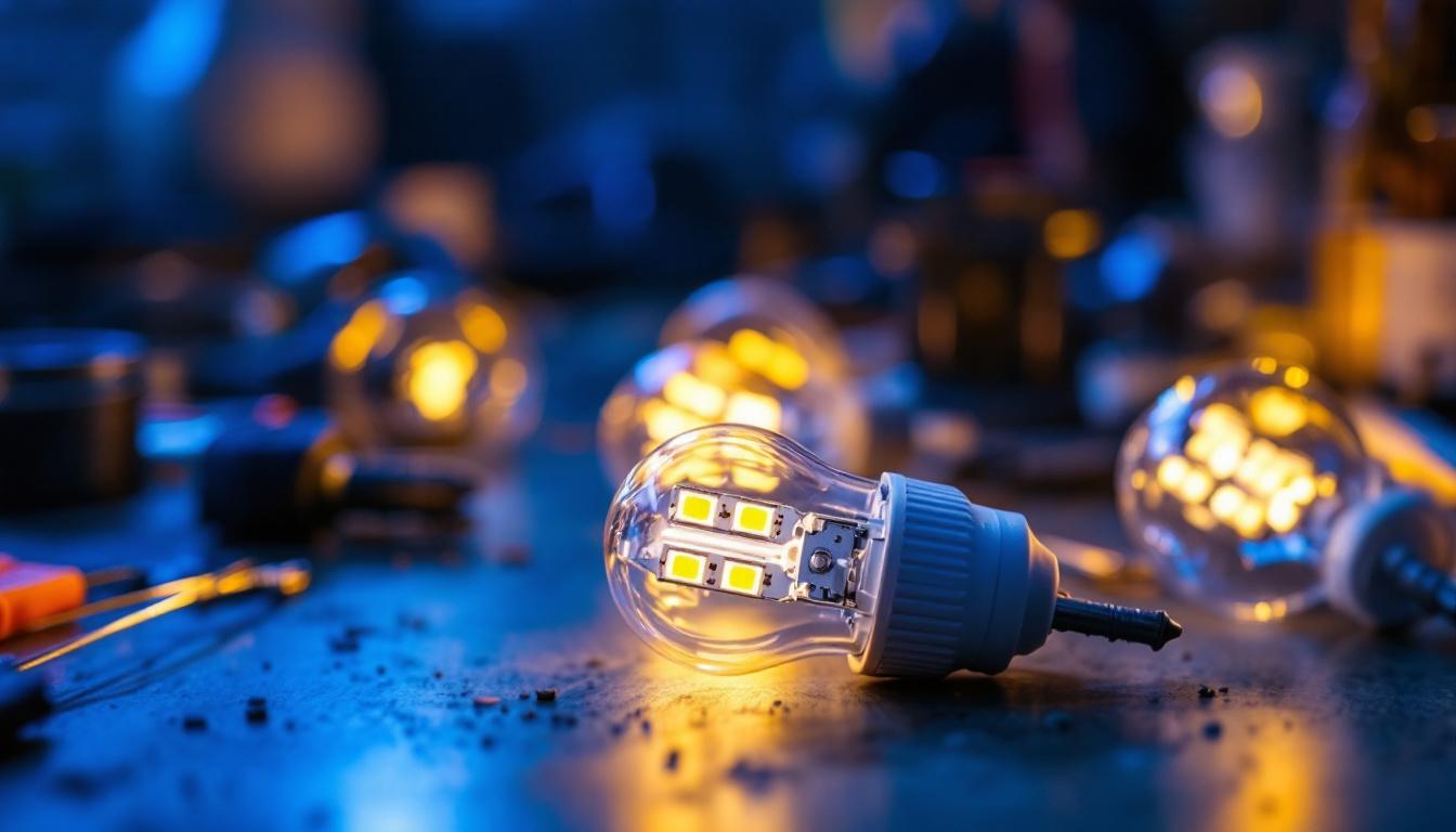 A photograph of a close-up view of two-pin led light bulbs in a well-lit setting