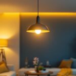 A photograph of a stylish ceiling pendant light fixture elegantly illuminated in a modern living space