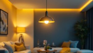 A photograph of a stylish ceiling pendant light fixture elegantly illuminated in a modern living space