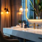 A photograph of a beautifully designed bathroom featuring a stylish vanity with elegant lighting fixtures