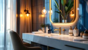 A photograph of a beautifully designed bathroom featuring a stylish vanity with elegant lighting fixtures