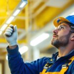 A photograph of a lighting contractor in action
