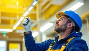 A photograph of a lighting contractor in action