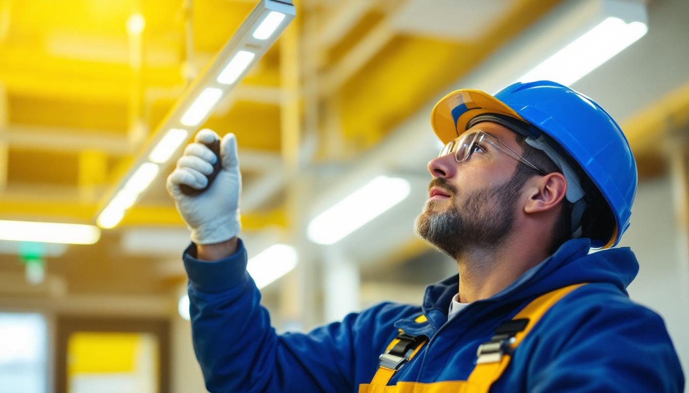 A photograph of a lighting contractor in action