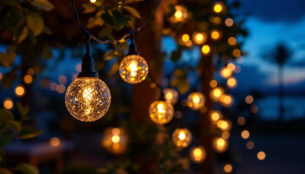 A photograph of a beautifully arranged solar lantern light string illuminating an outdoor space