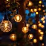 A photograph of a beautifully arranged solar lantern light string illuminating an outdoor space