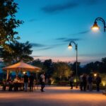 A photograph of a well-lit outdoor space featuring a variety of light post designs in use