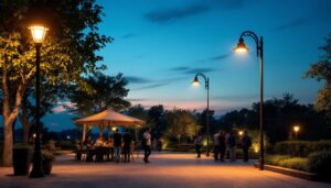 A photograph of a well-lit outdoor space featuring a variety of light post designs in use