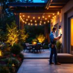 A photograph of a lighting contractor skillfully installing outdoor lighting fixtures in a beautifully illuminated garden or patio