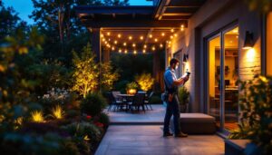 A photograph of a lighting contractor skillfully installing outdoor lighting fixtures in a beautifully illuminated garden or patio