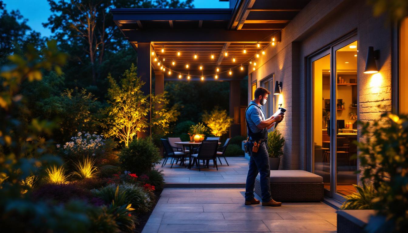 A photograph of a lighting contractor skillfully installing outdoor lighting fixtures in a beautifully illuminated garden or patio