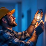 A photograph of a lighting contractor skillfully installing a 40 watt type g lamp in a residential or commercial setting