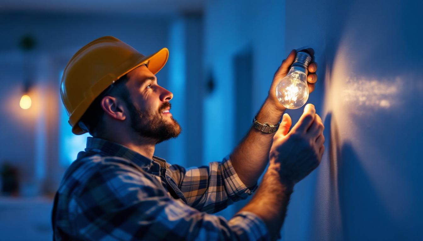 A photograph of a lighting contractor skillfully installing a 40 watt type g lamp in a residential or commercial setting