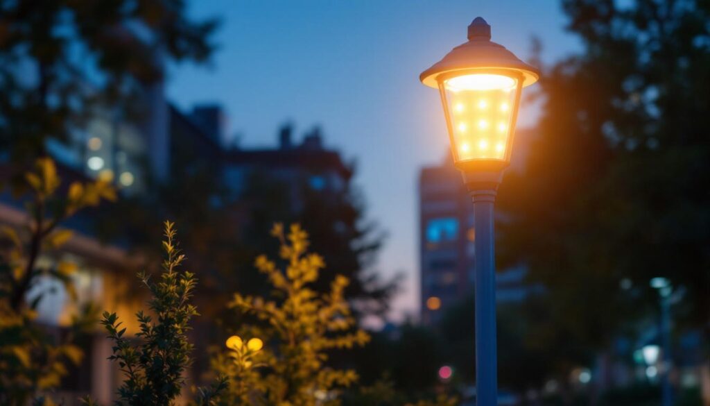 A photograph of a beautifully illuminated led lamp post in an urban setting at dusk