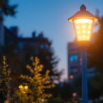 A photograph of a beautifully illuminated led lamp post in an urban setting at dusk