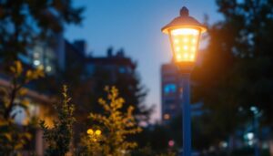 A photograph of a beautifully illuminated led lamp post in an urban setting at dusk