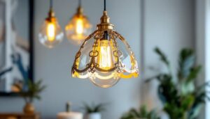 A photograph of a beautifully designed gold and silver pendant light hanging in a stylish interior setting