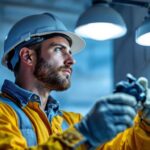 A photograph of a lighting contractor expertly installing a photocell on an led light fixture