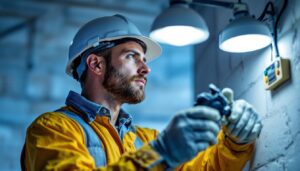 A photograph of a lighting contractor expertly installing a photocell on an led light fixture