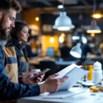 A photograph of a lighting contractor reviewing energy-efficient lighting products from the design lights consortium qpl while discussing cost-saving strategies with a client in a well-lit workspace filled with various lighting fixtures