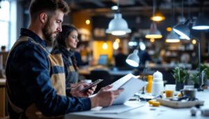 A photograph of a lighting contractor reviewing energy-efficient lighting products from the design lights consortium qpl while discussing cost-saving strategies with a client in a well-lit workspace filled with various lighting fixtures