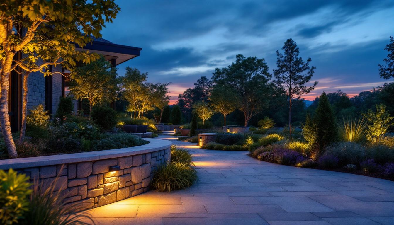 A photograph of a beautifully illuminated outdoor space at dusk