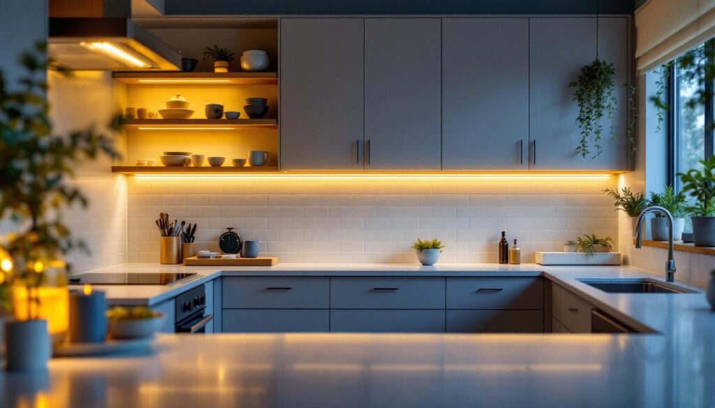 A photograph of a beautifully designed kitchen or workspace featuring warm