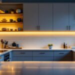 A photograph of a beautifully designed kitchen or workspace featuring warm
