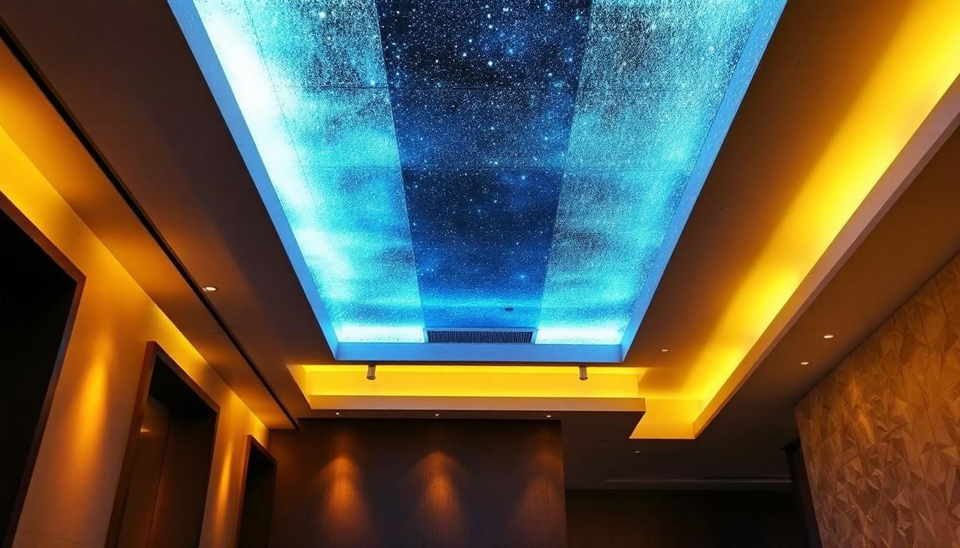 A photograph of a beautifully designed ceiling featuring innovative lighting solutions