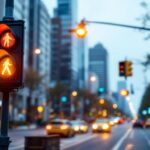 A photograph of a busy intersection featuring a traffic light in action