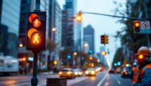 A photograph of a busy intersection featuring a traffic light in action