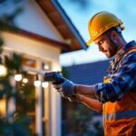 A photograph of a skilled lighting contractor installing solar-powered lights in a residential outdoor space