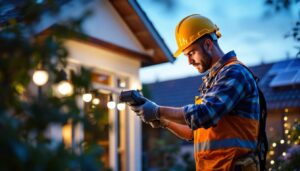 A photograph of a skilled lighting contractor installing solar-powered lights in a residential outdoor space