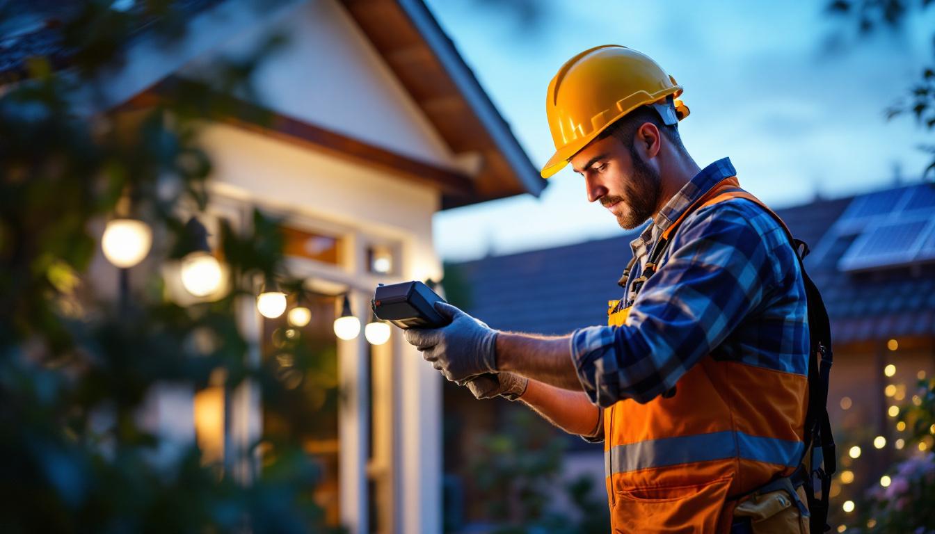 A photograph of a skilled lighting contractor installing solar-powered lights in a residential outdoor space