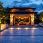 A photograph of a beautifully designed outdoor space illuminated by dusk to dawn lighting fixtures