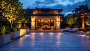 A photograph of a beautifully designed outdoor space illuminated by dusk to dawn lighting fixtures