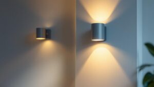 A photograph of a beautifully designed cylinder sconce illuminated in a stylish interior setting