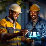 A photograph of a lighting contractor showcasing a solar lamp kit in a well-lit outdoor setting