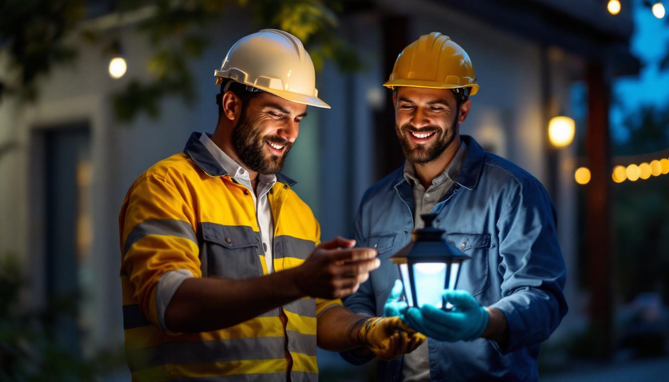A photograph of a lighting contractor showcasing a solar lamp kit in a well-lit outdoor setting