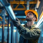 A photograph of a skilled lighting contractor working with f14t5 fluorescent tubes in a well-lit commercial space