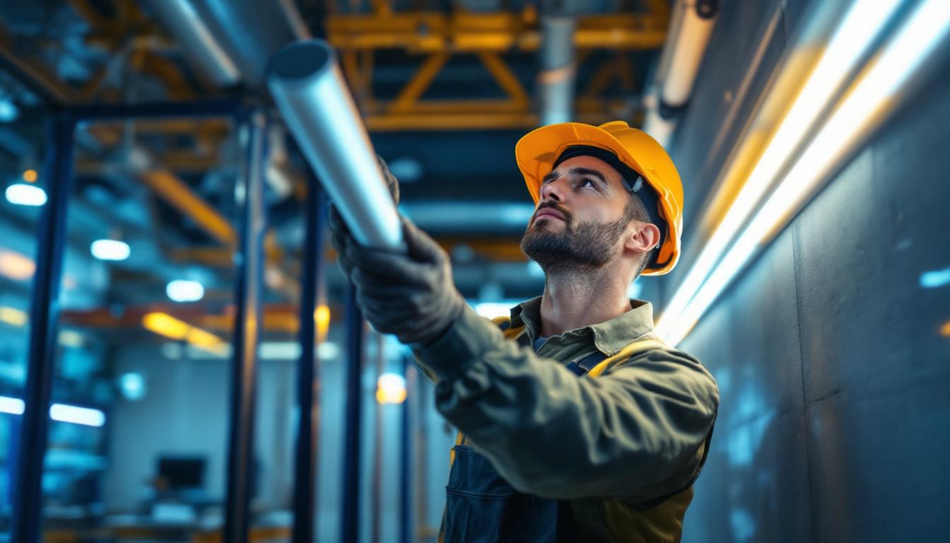 A photograph of a skilled lighting contractor working with f14t5 fluorescent tubes in a well-lit commercial space