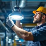 A photograph of a skilled lighting contractor expertly installing or adjusting a metal halide light fixture in an industrial or commercial setting