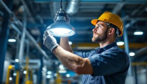 A photograph of a skilled lighting contractor expertly installing or adjusting a metal halide light fixture in an industrial or commercial setting