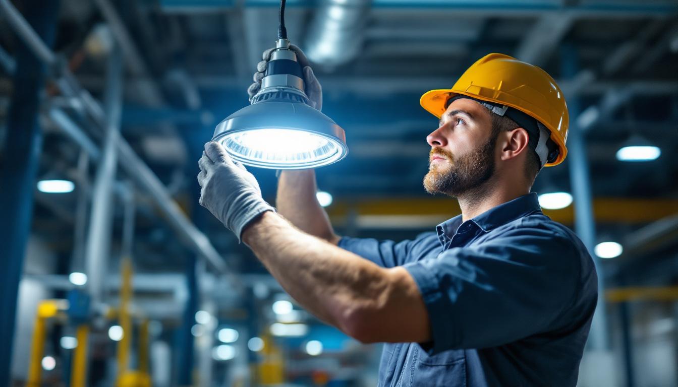 A photograph of a skilled lighting contractor expertly installing or adjusting a metal halide light fixture in an industrial or commercial setting