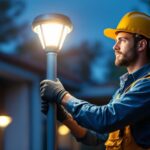 A photograph of a skilled lighting contractor installing a sleek led light post in an outdoor setting