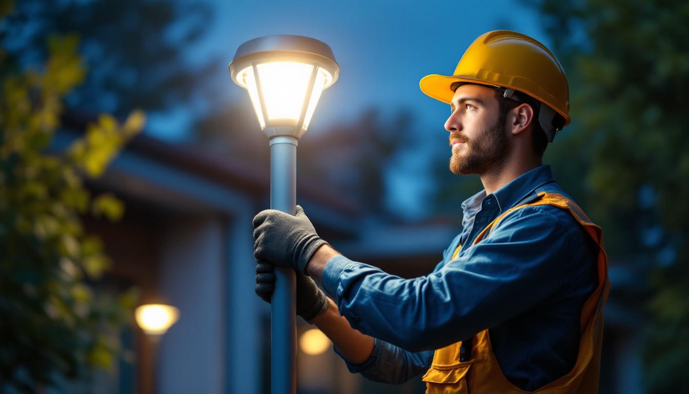 A photograph of a skilled lighting contractor installing a sleek led light post in an outdoor setting