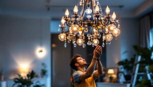 A photograph of a beautifully designed chandelier in a well-lit